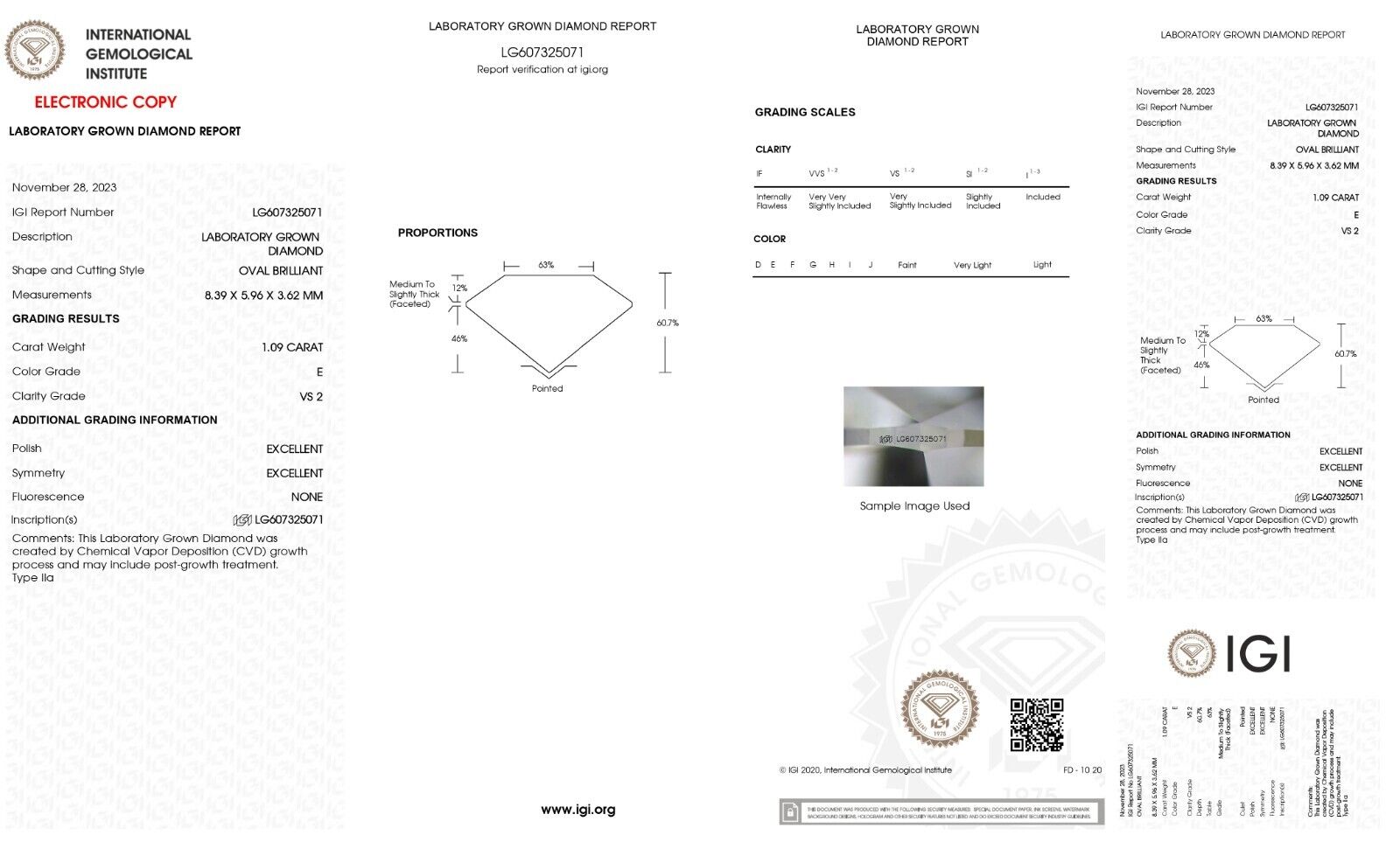 OVAL Cut Lab Grown 1.09 Cts IGI Certified CVD Diamond E Color VS2 Clarity