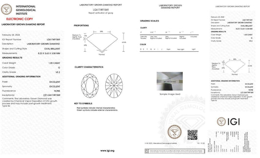 OVAL Cut Lab Grown 1.05 Ct G Color VS2 Clarity IGI Certified CVD Diamond