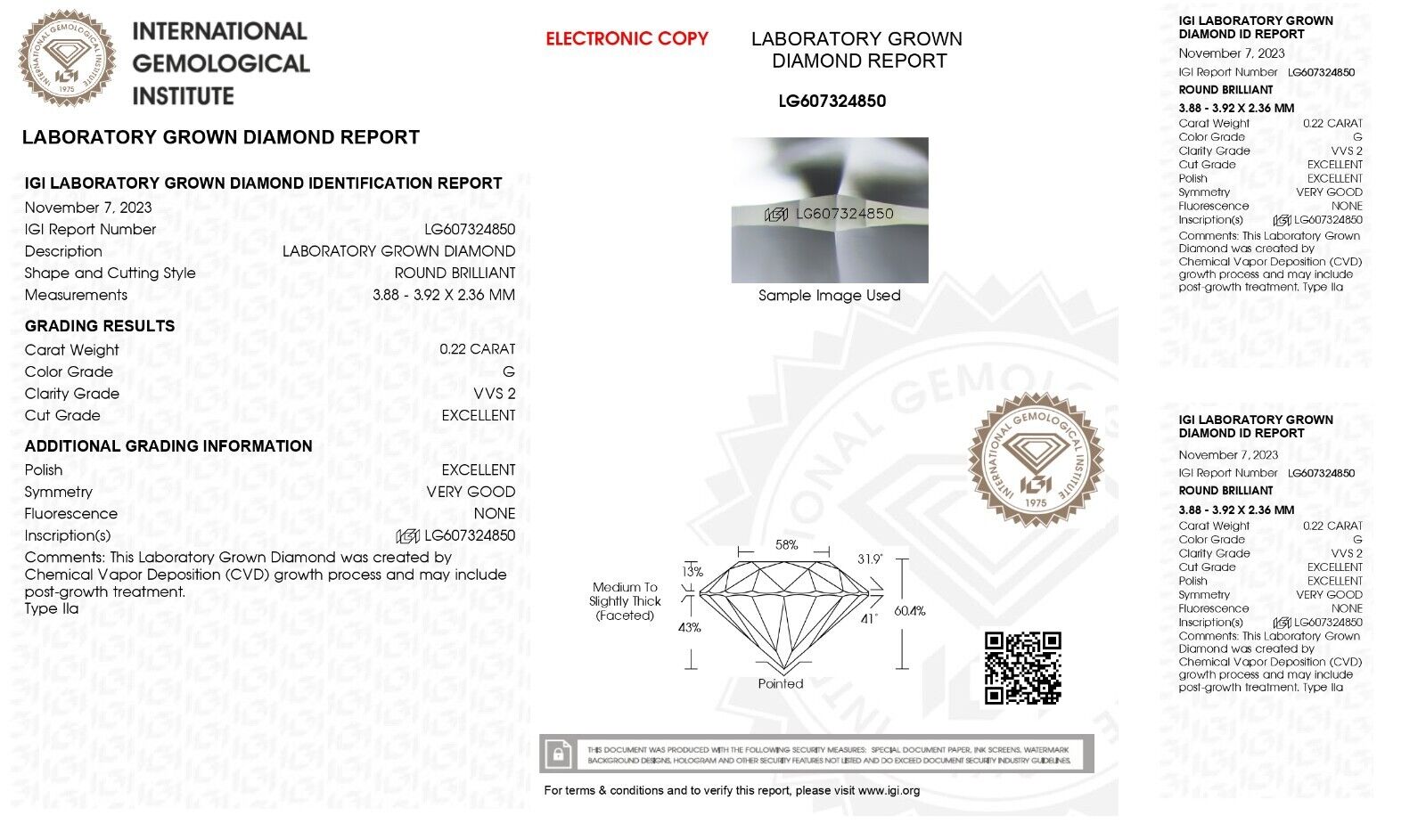 0.22 Cts Round Cut IGI Certified Lab Grown CVD Diamond G Color VVS2 Clarity