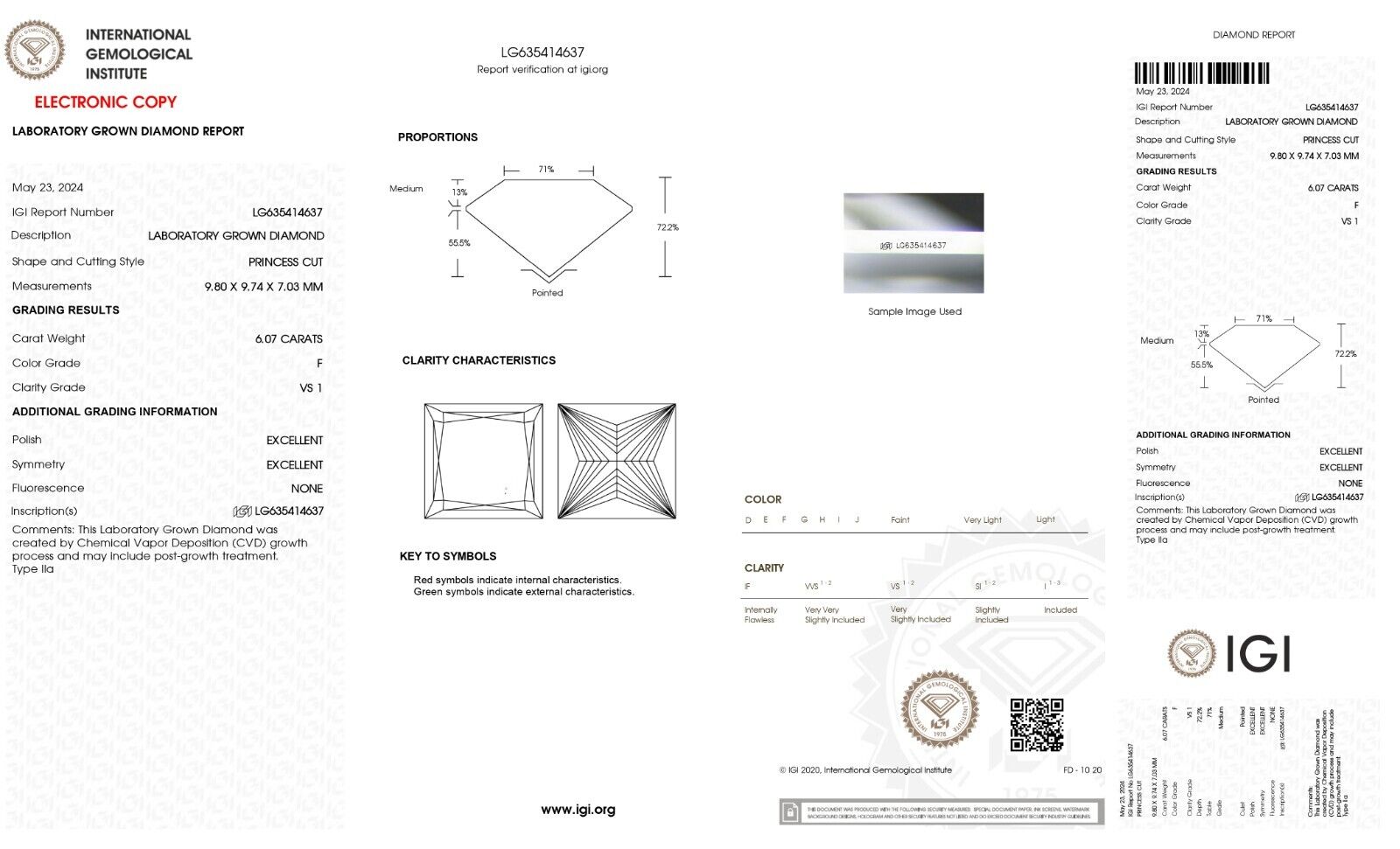PRINCESS Cut Lab Grown 6.07 Cts IGI Certified CVD Diamond F Color VS1 Clarity