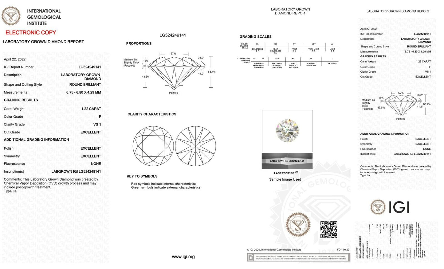 Lab Grown Diamond 1.22 CARET STONE- ROUND SHAPE  -VS1 -F COLOUR - IGI CERTIFIED