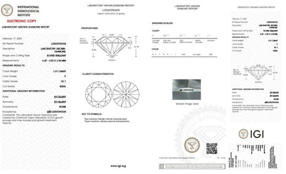 LOOSE Diamond 1.01 Cts F VS1 IGI Certified CVD Lab Grown ROUND EXCELLENT CUT