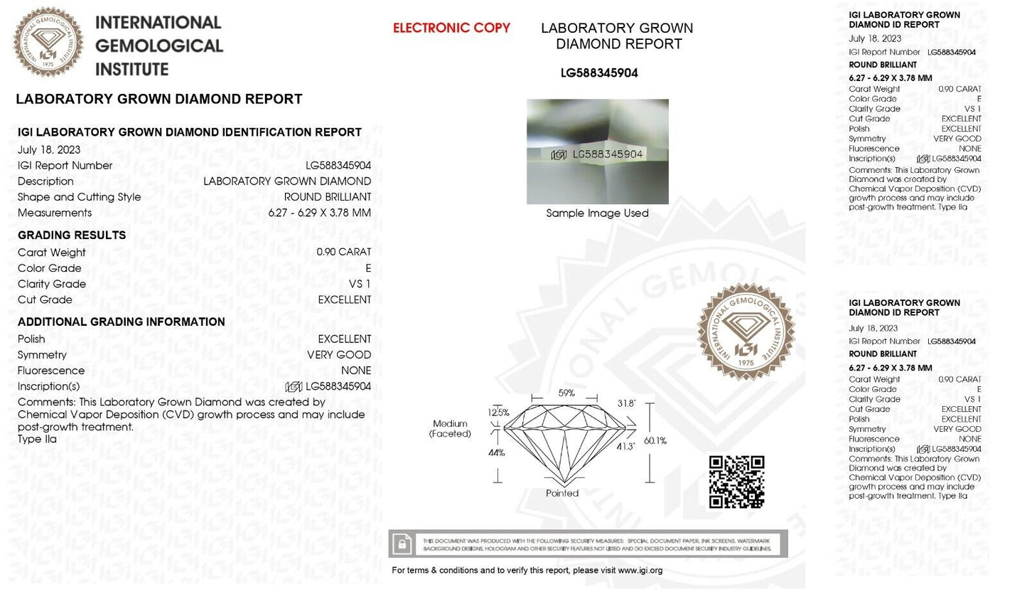 Round Cut 0.90 Cts IGI Certified Lab Grown CVD Diamond E Color VS1 Clarity