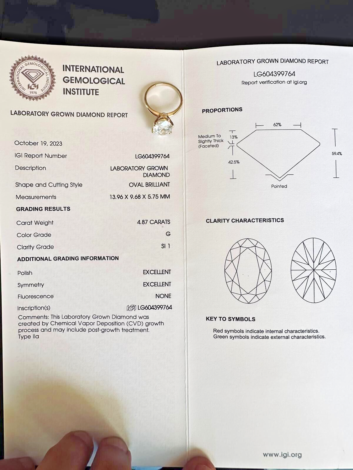 4.87 Ct Lab Grown OVAL CVD Diamond G/H SI1-2 14k Yellow Gold Engagement Ring
