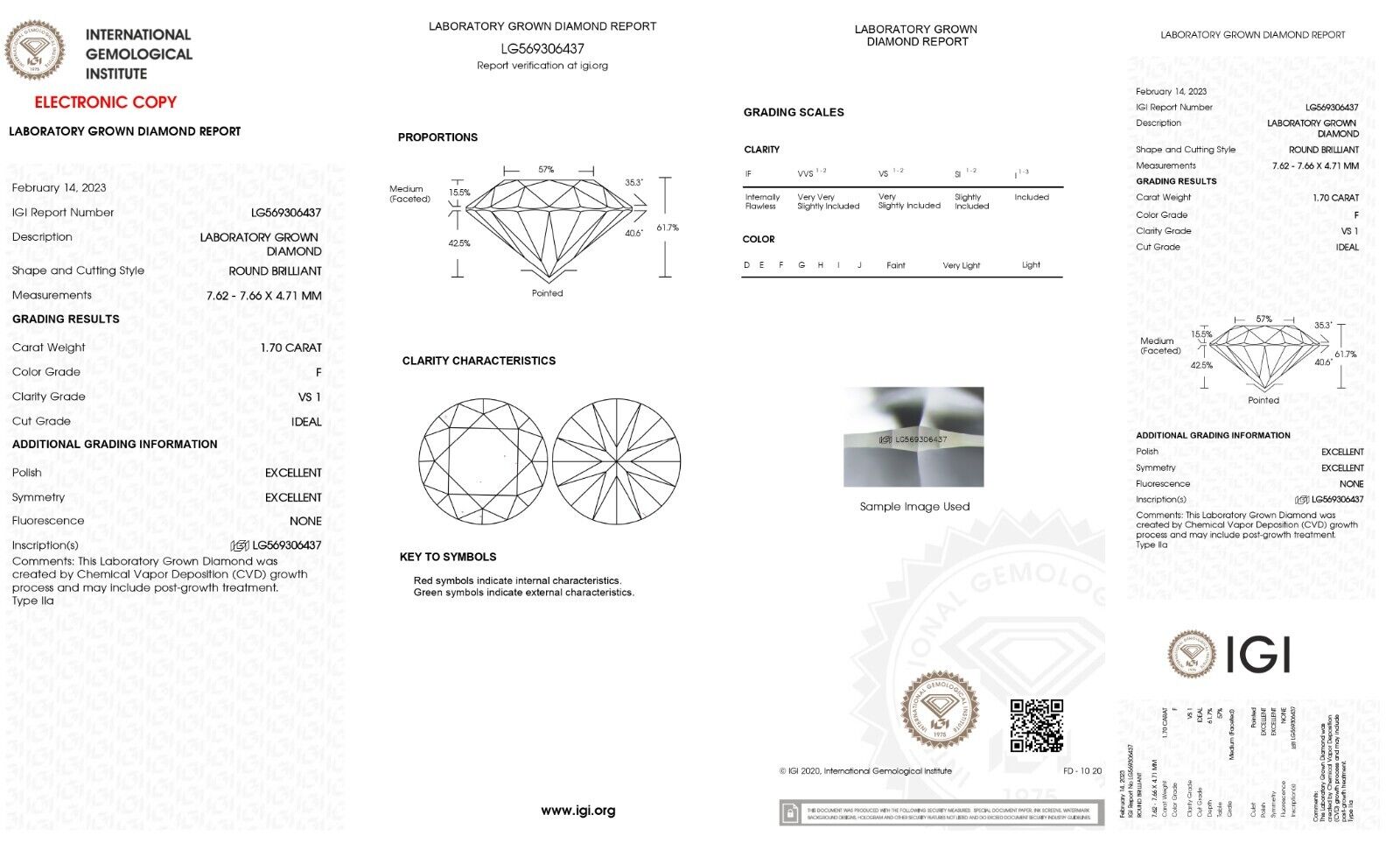 LAB GROWN LOOSE DIAMOND 1.70 CTS F VS1 IGI CERTIFIED CVD ROUND EXCELLENT CUT