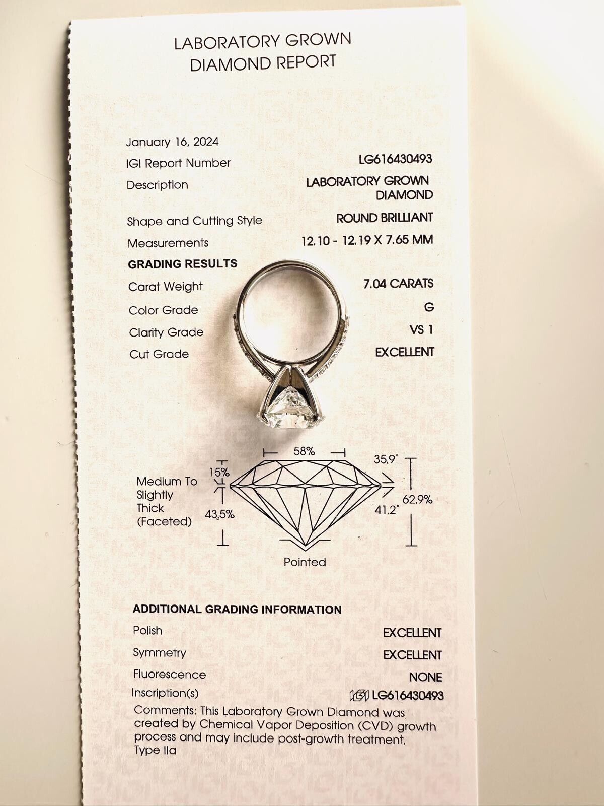 Solitaire Lab Grown Ring 7.04 Cts G VS1 Round Diamond Engagement 14k White Gold