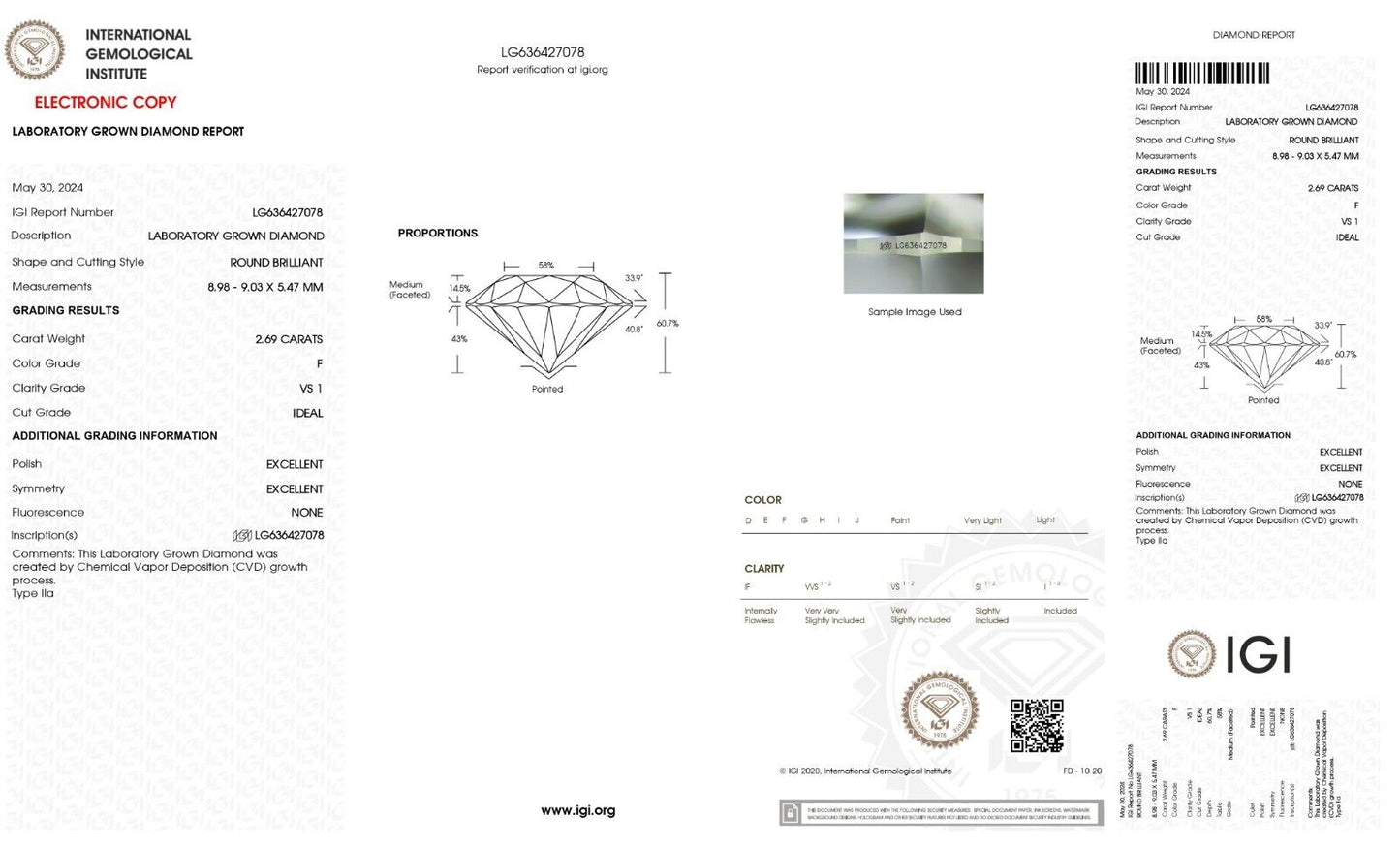 Round Excellent Cut 2.69 Cts F VS1 IGI Certified CVD Lab Grown Loose Diamonds