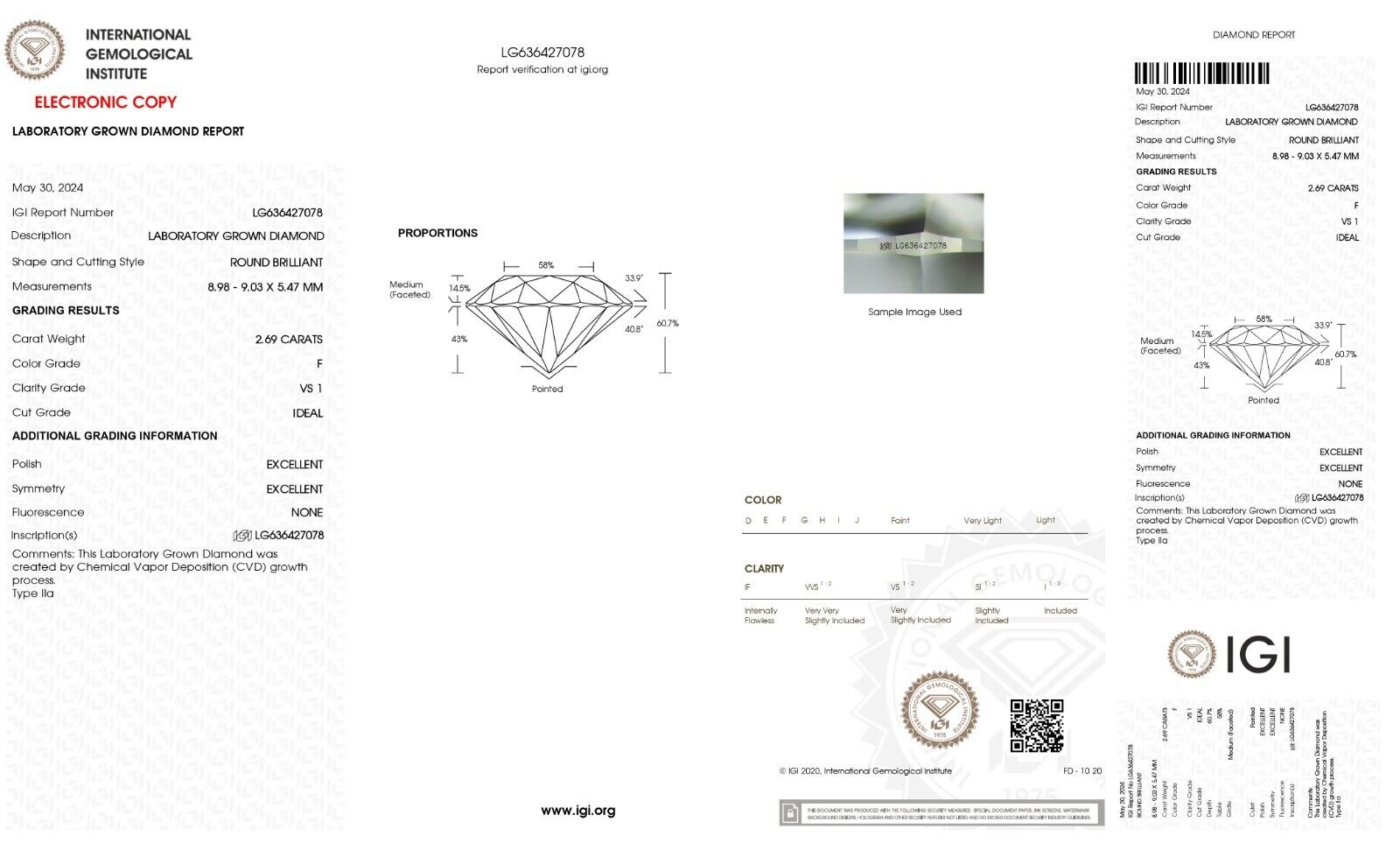 Round Excellent Cut 2.69 Cts F VS1 IGI Certified CVD Lab Grown Loose Diamonds