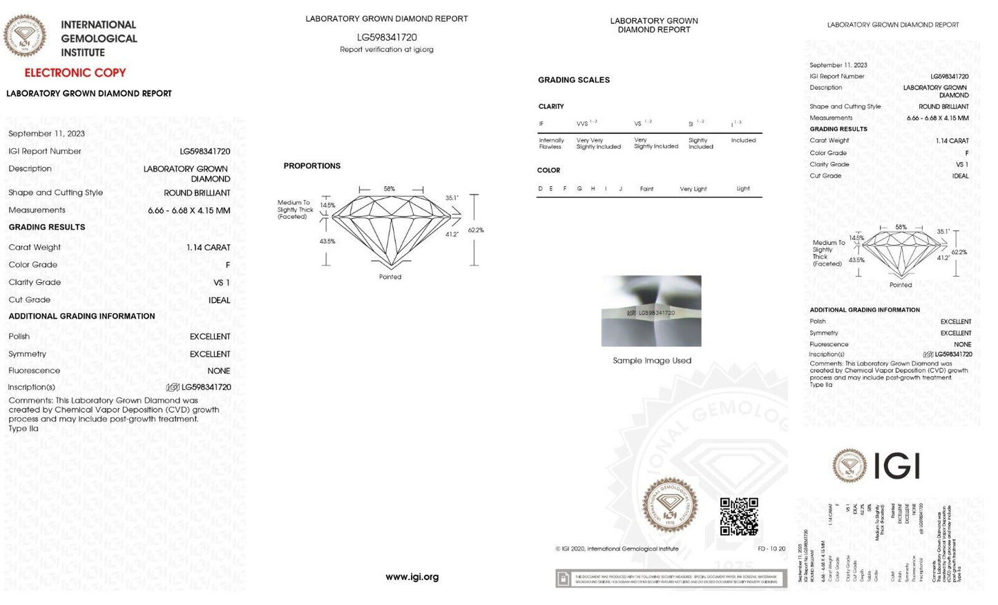 LOOSE LAB GROWN DIAMOND 1.14 Cts F VS1 IGI CERTIFIED CVD ROUND EXCELLENT CUT