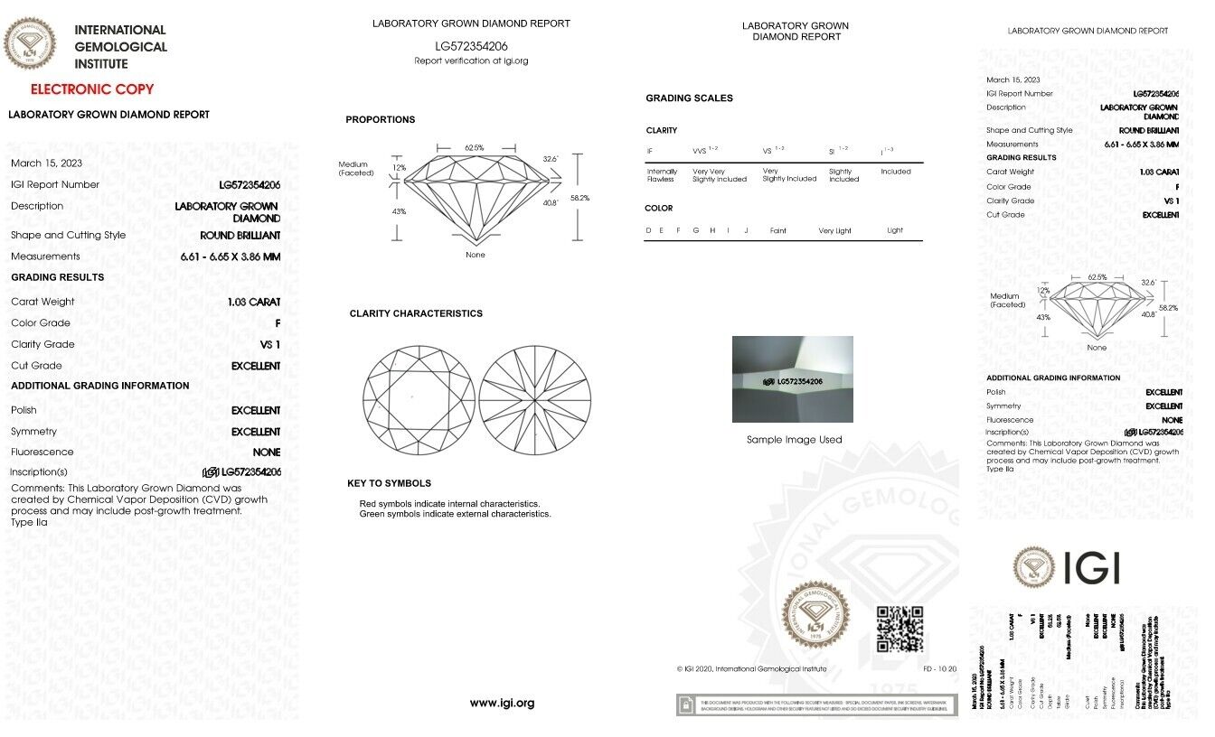 Round Excellent Cut 1.03 Cts F VS1 IGI Certified CVD Lab Grown Loose Diamonds