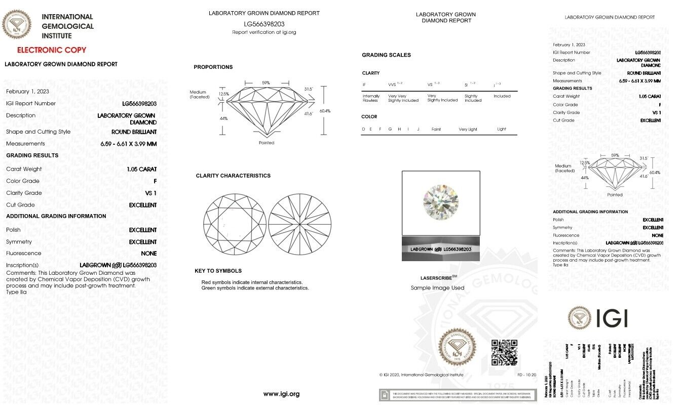 Round Excellent Cut 1.05 cts F VS1 IGI Certified CVD Lab Grown Loose Diamonds