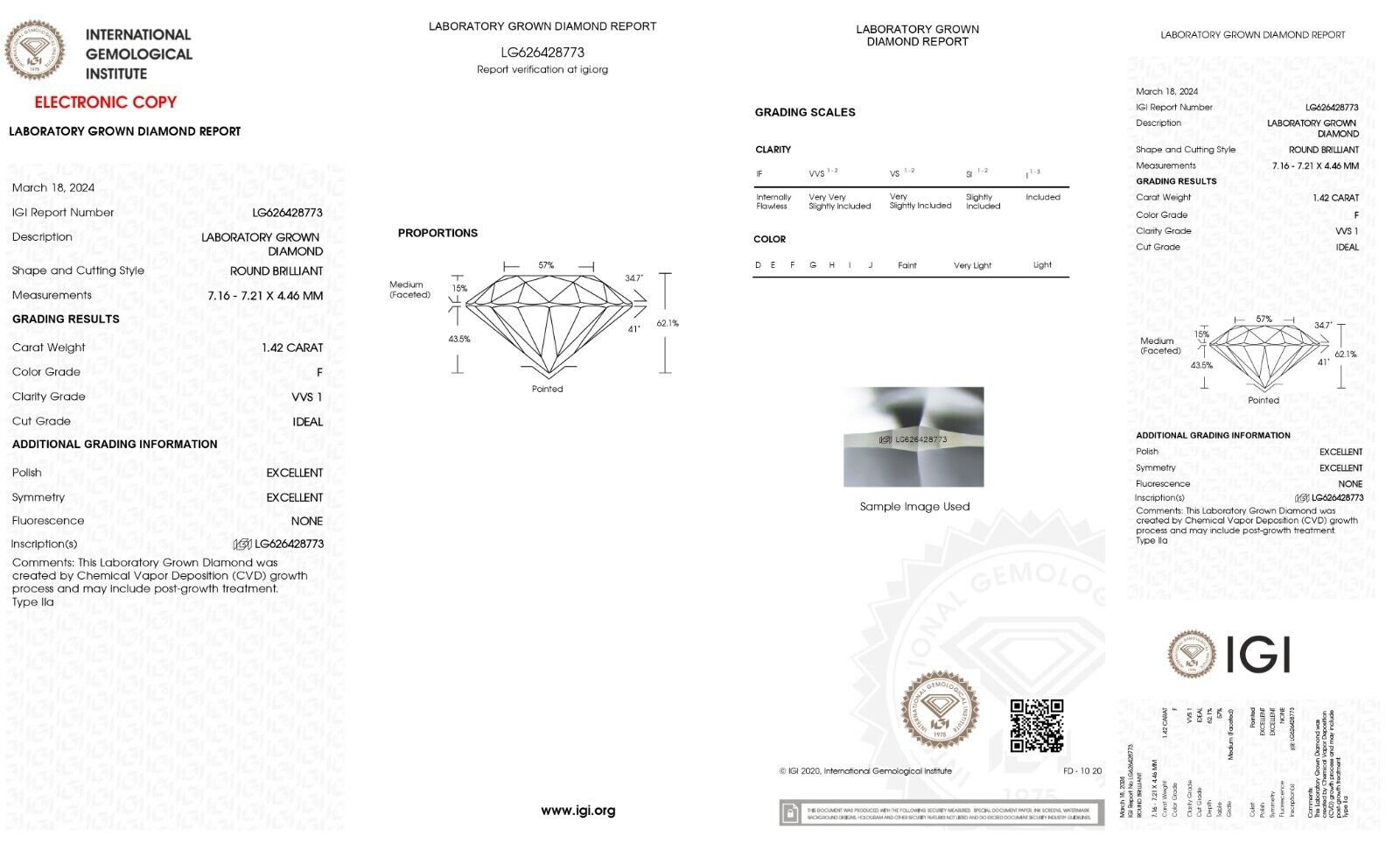 Lab Grown Diamond 1.42 CARET STONE- ROUND SHAPE  -VVS1 -F COLOUR - IGI CERTIFIED