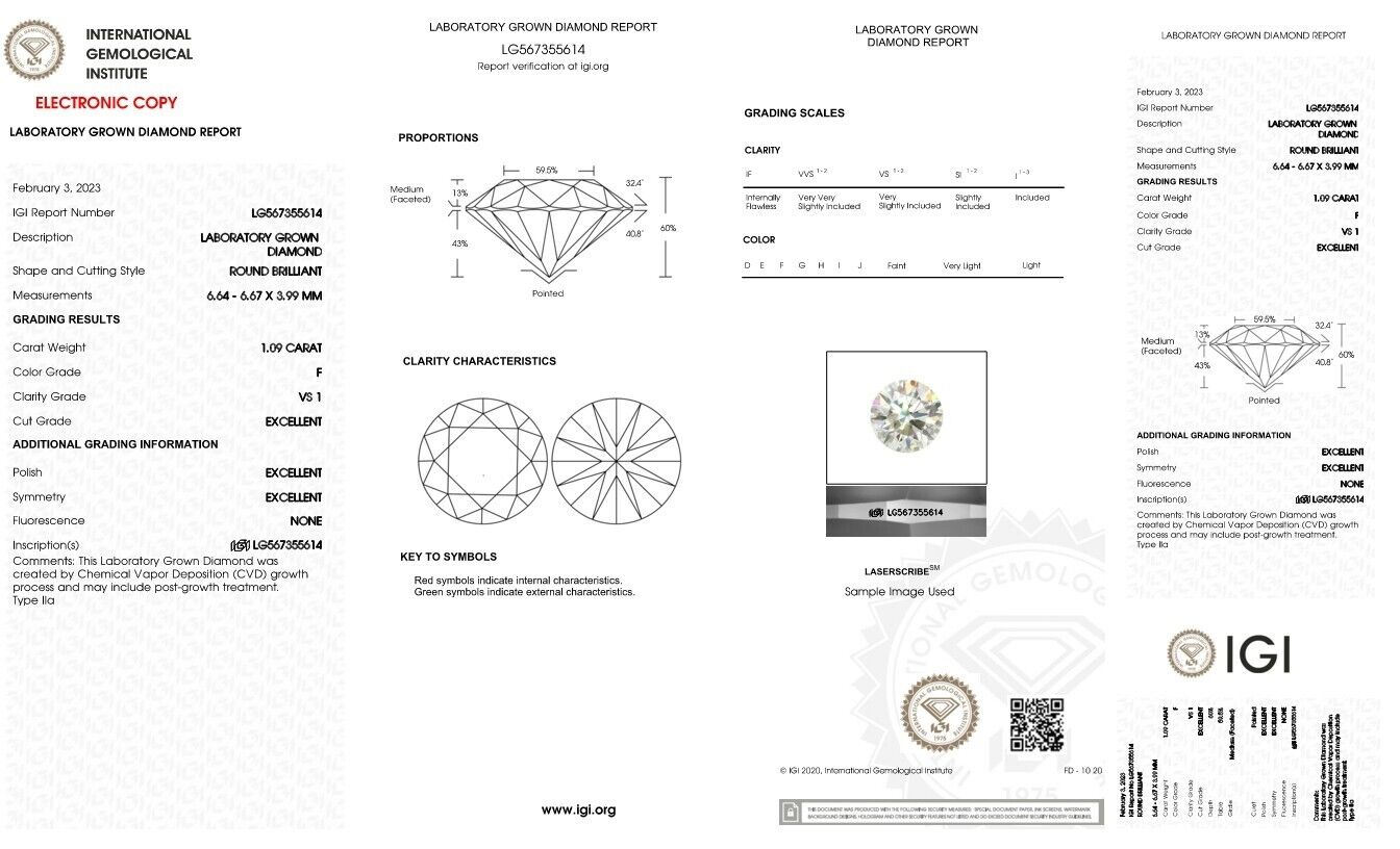 Round Excellent Cut 1.09 cts F VS1 IGI Certified CVD Lab Grown Loose Diamonds