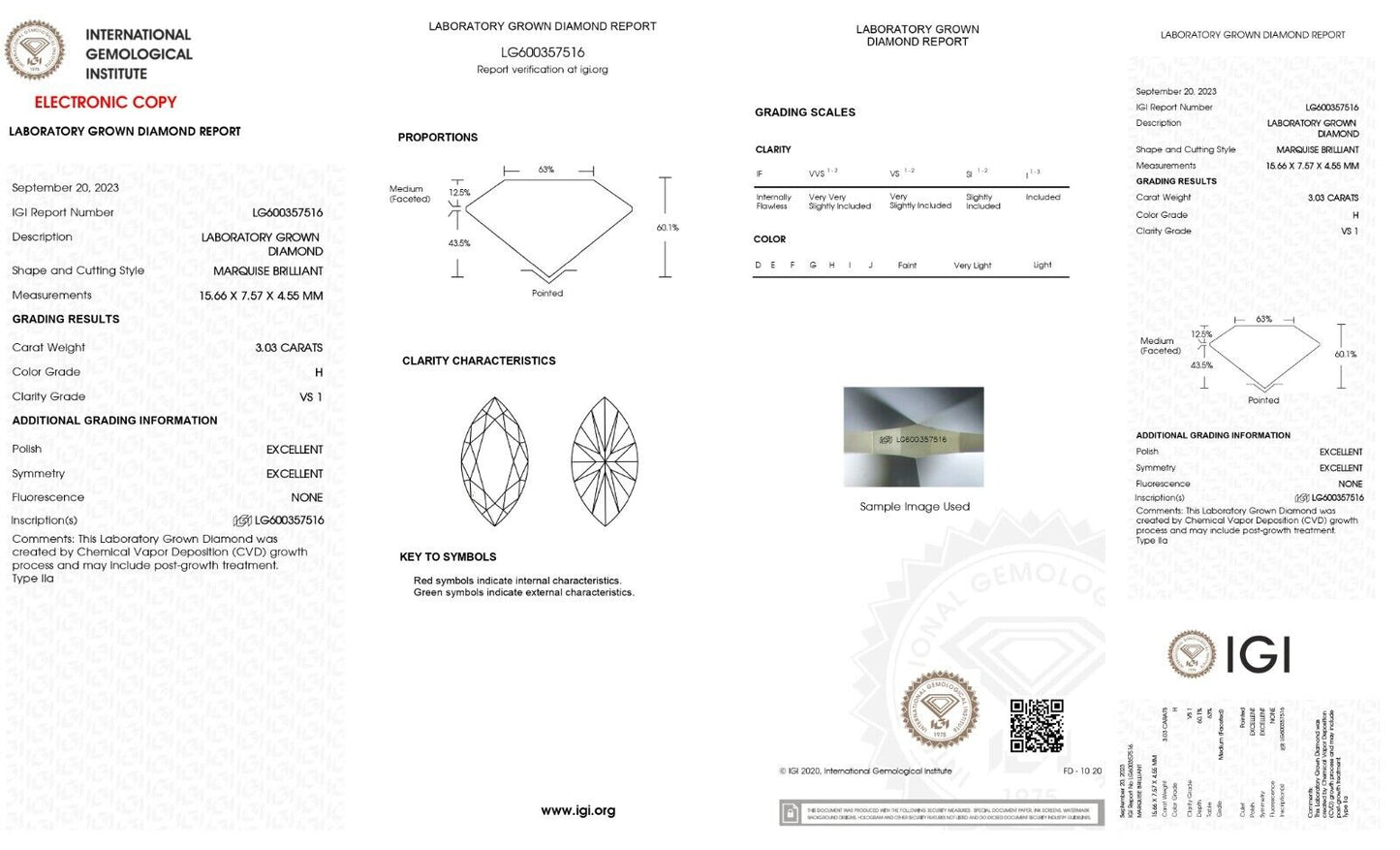 MARQUISE Cut 3.03 Cts IGI Certified Lab Grown CVD Diamond H Color VS1 Clarity