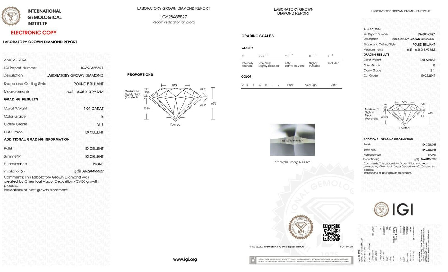 Round Cut 1.01 Cts IGI Certified Lab Grown CVD Diamond E Color SI1 Clarity