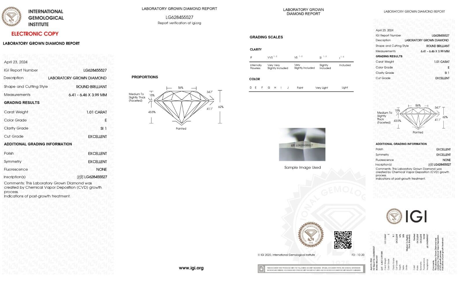 Round Cut 1.01 Cts IGI Certified Lab Grown CVD Diamond E Color SI1 Clarity