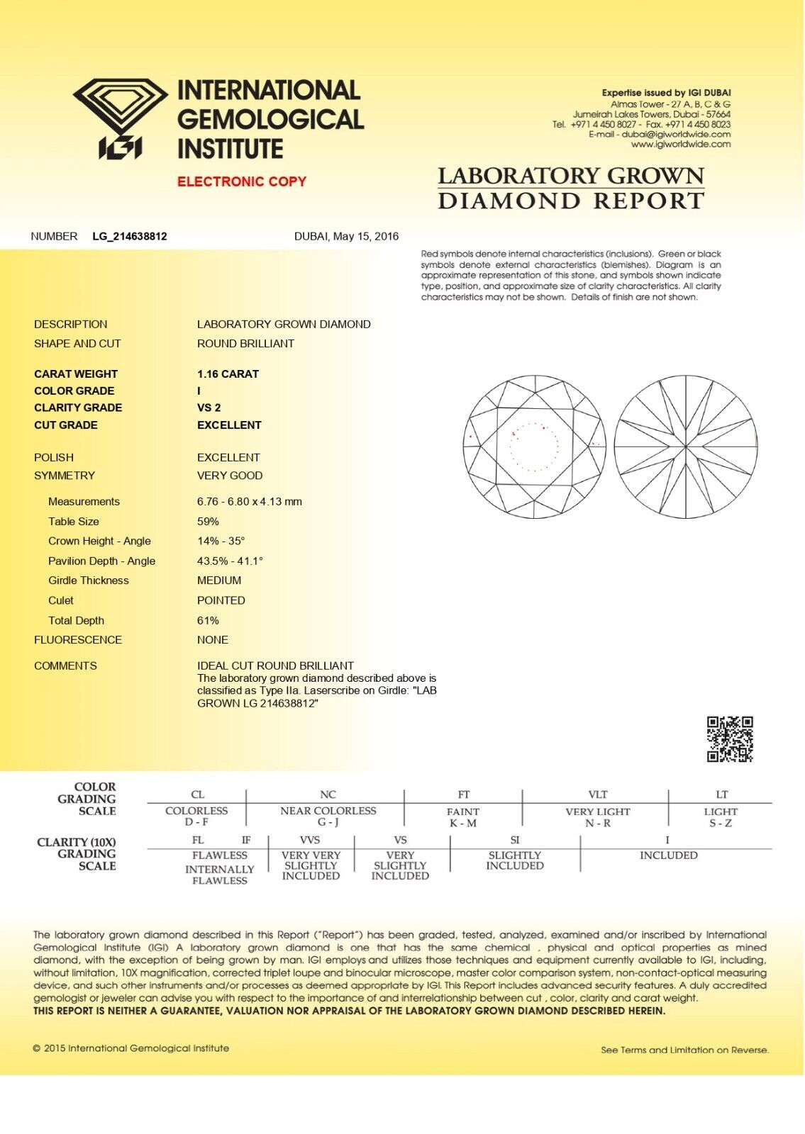 ROUND EXCELLENT CUT 1.16 Cts I VS2 IGI Certified CVD Lab Grown LOOSE Diamond