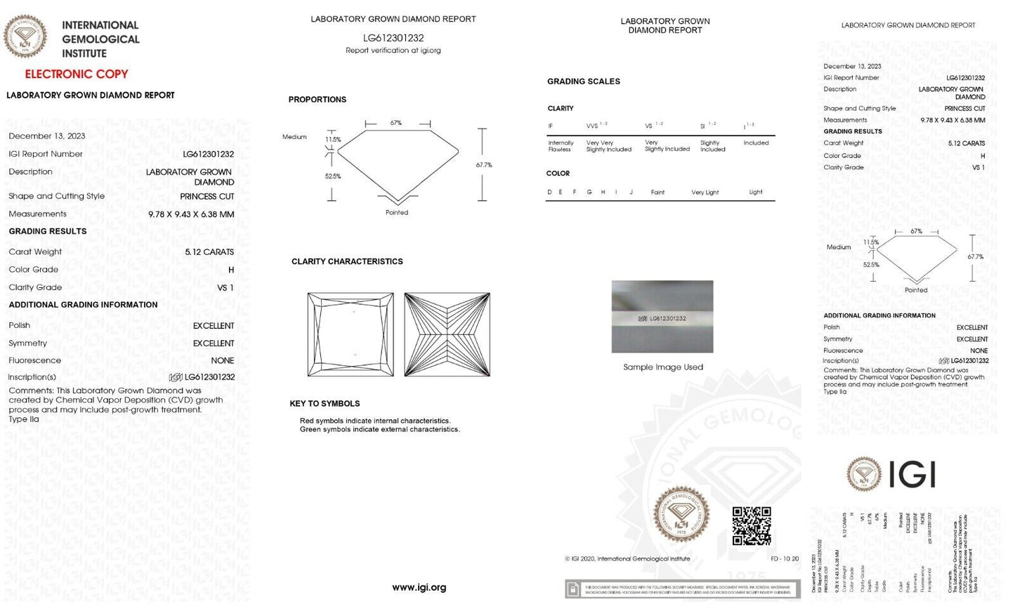 Princess Cut 5.12 Cts H Color VS1 Clarity Lab Grown IGI Certified CVD Diamond