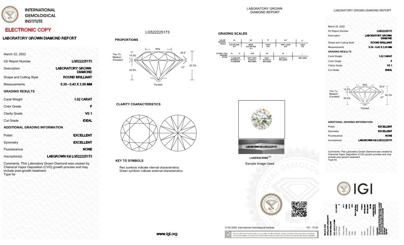 Round Excellent Cut 1.02 cts F VS1 IGI Certified CVD Lab Grown Loose Diamonds