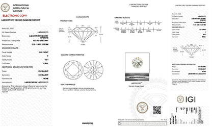Round Excellent Cut 1.02 cts F VS1 IGI Certified CVD Lab Grown Loose Diamonds