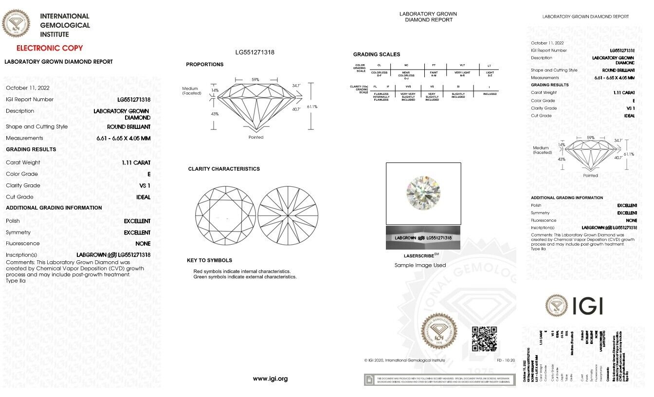 Round Excellent Cut 1.11 Carat E VS1 IGI Certified CVD Lab Grown Loose Diamonds