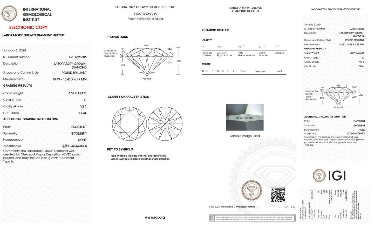 ROUND Cut 4.37 Ct Lab Grown IGI Certified CVD Diamond G Color VS1 Clarity