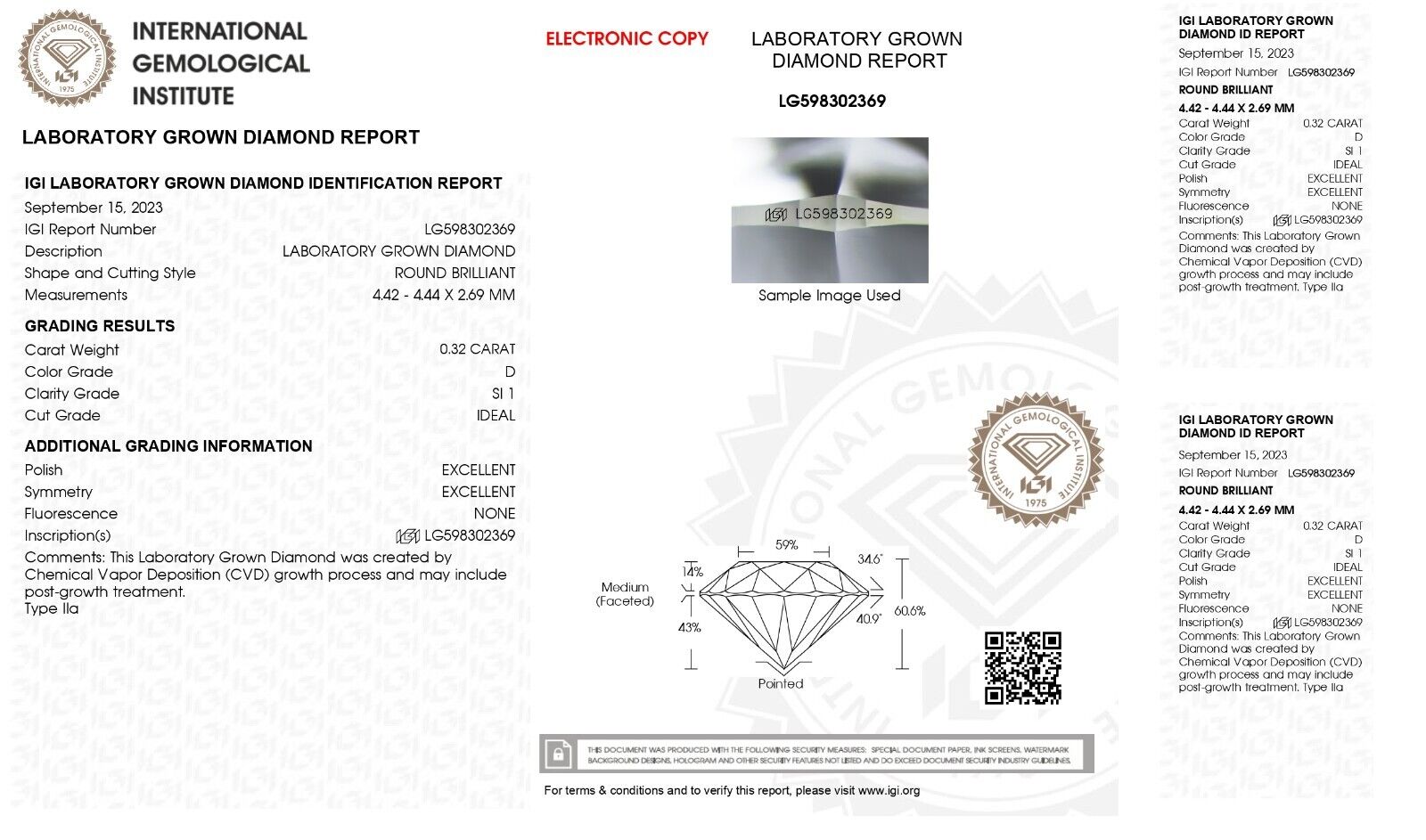 0.32 CtS Round Cut IGI Certified Lab Grown CVD Diamond D Color SI1 Clarity STONE