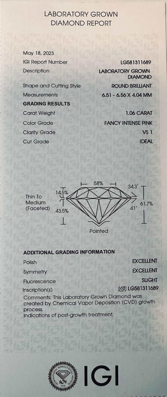 Round 1.06 ct Fancy Intense Pink VS1 IGI Certified Lab Grown CVD Diamond ROUND