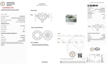 ROUND EXCELLENT CUT  1.09 CT G VS1 IGI CERTIFIED CVD LAB GROWN LOOSE DIAMOND