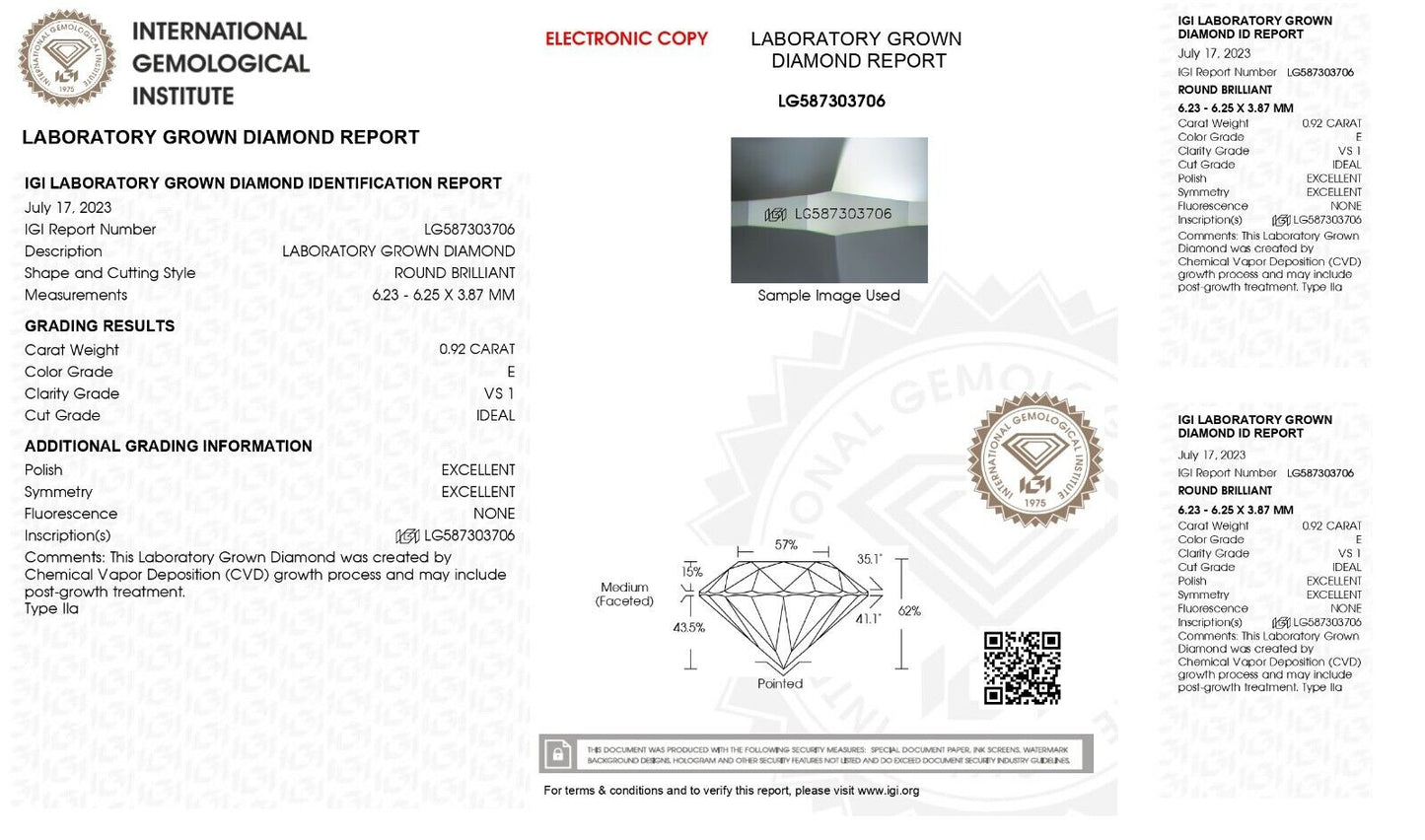 ROUND EXCELLENT CUT 0.92 CT E VS1 IGI CERTIFIED CVD LAB GROWN LOOSE DIAMOND