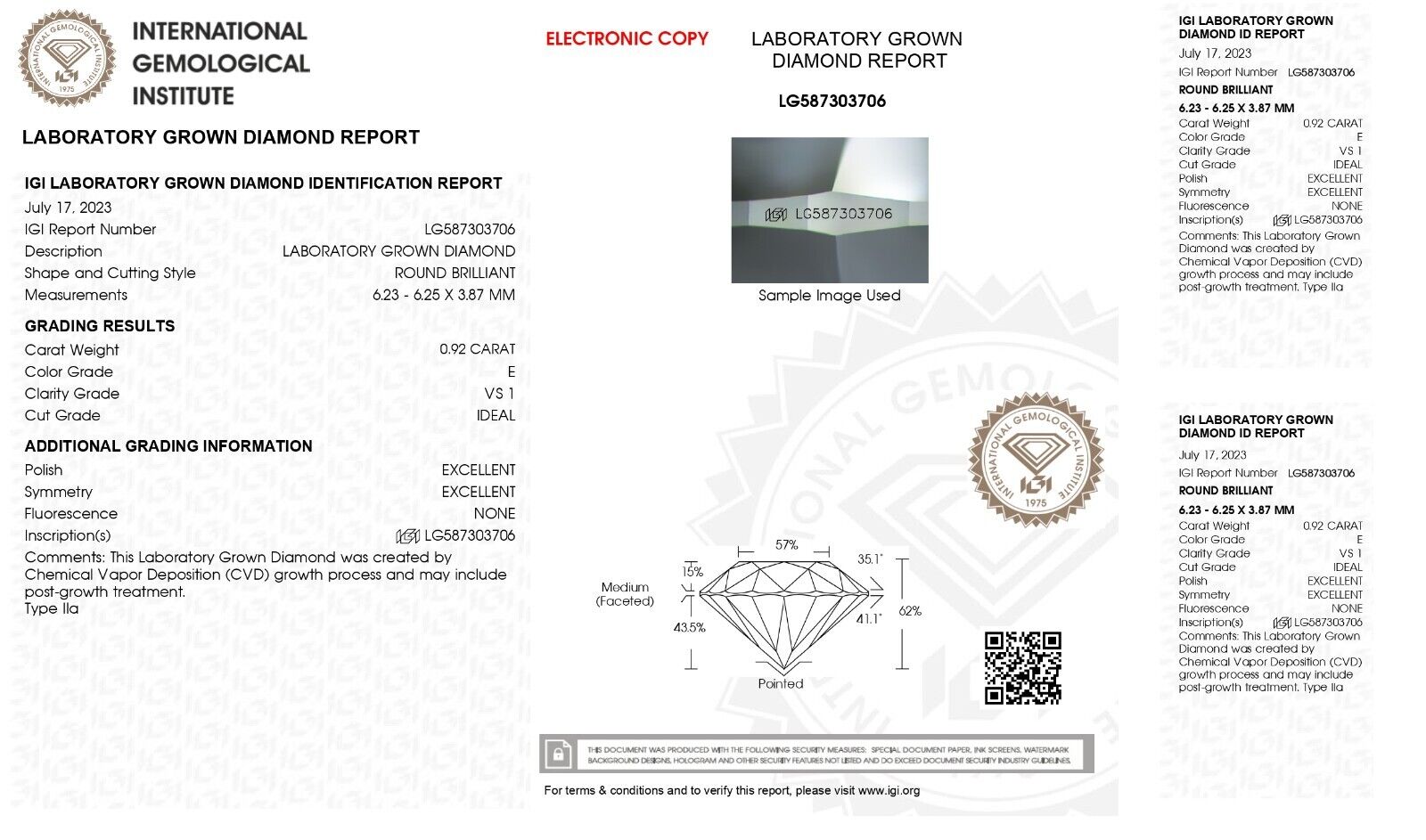 ROUND EXCELLENT CUT 0.92 CT E VS1 IGI CERTIFIED CVD LAB GROWN LOOSE DIAMOND