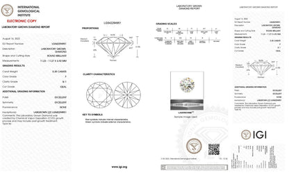 Round SHAPE 5.35 Cts IGI CERTIFIED LAB GROWN CVD Diamond F Color SI1 Clarity