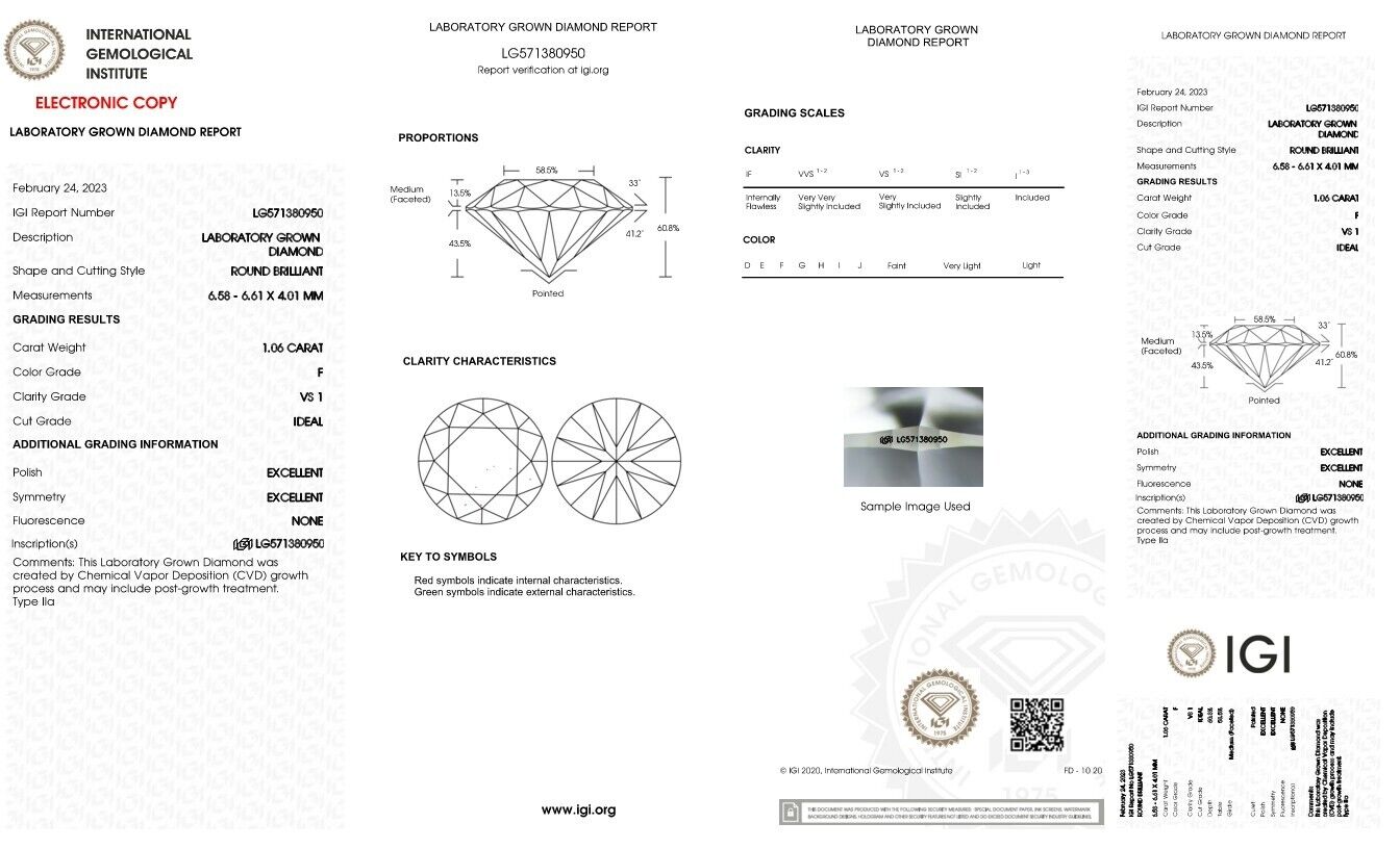 Round Excellent Cut 1.06 cts F VS1 IGI Certified CVD Lab Grown Loose Diamonds