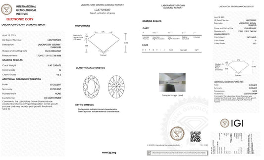 OVAL Cut 9.47 Cts IGI Certified Lab Grown CVD Diamond G Color VS2 Clarity