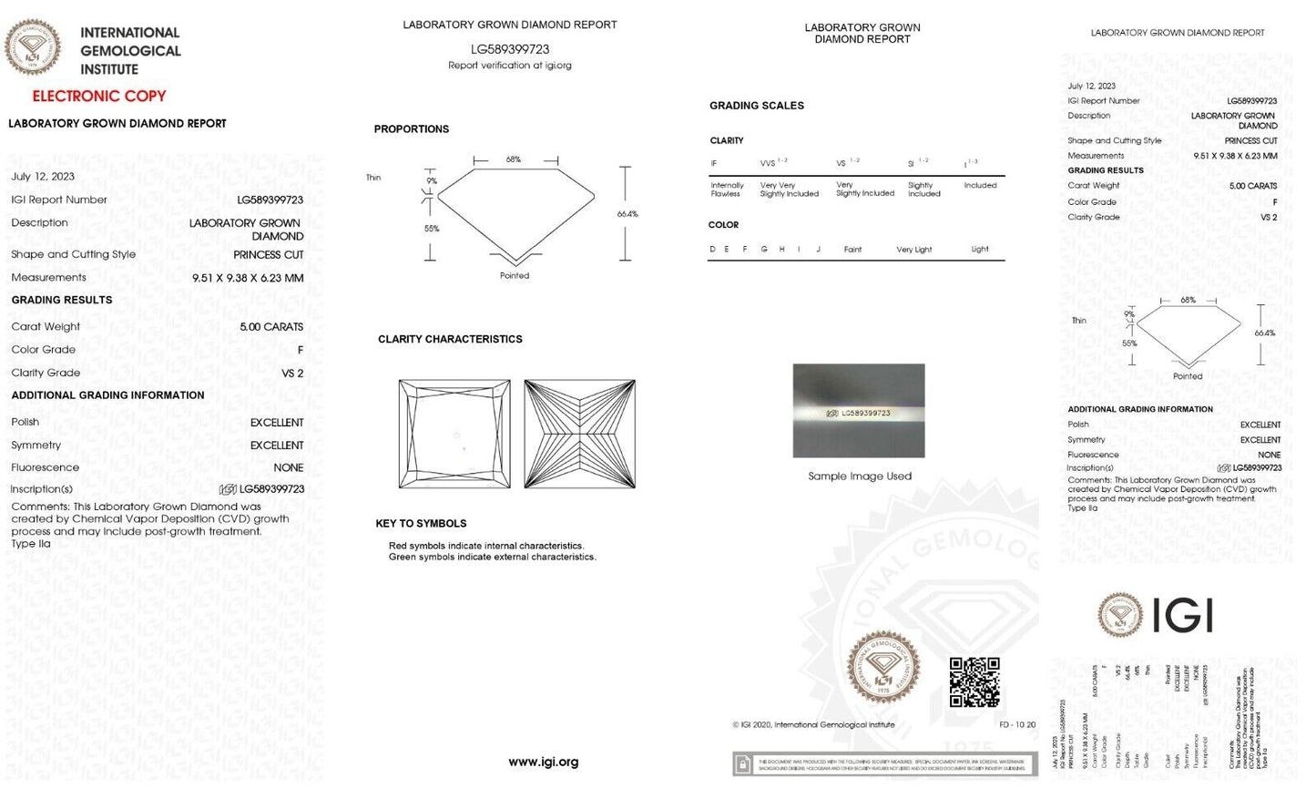 Princess Cut 5.00 Cts F Color VS2 Clarity Lab Grown IGI Certified CVD Diamond