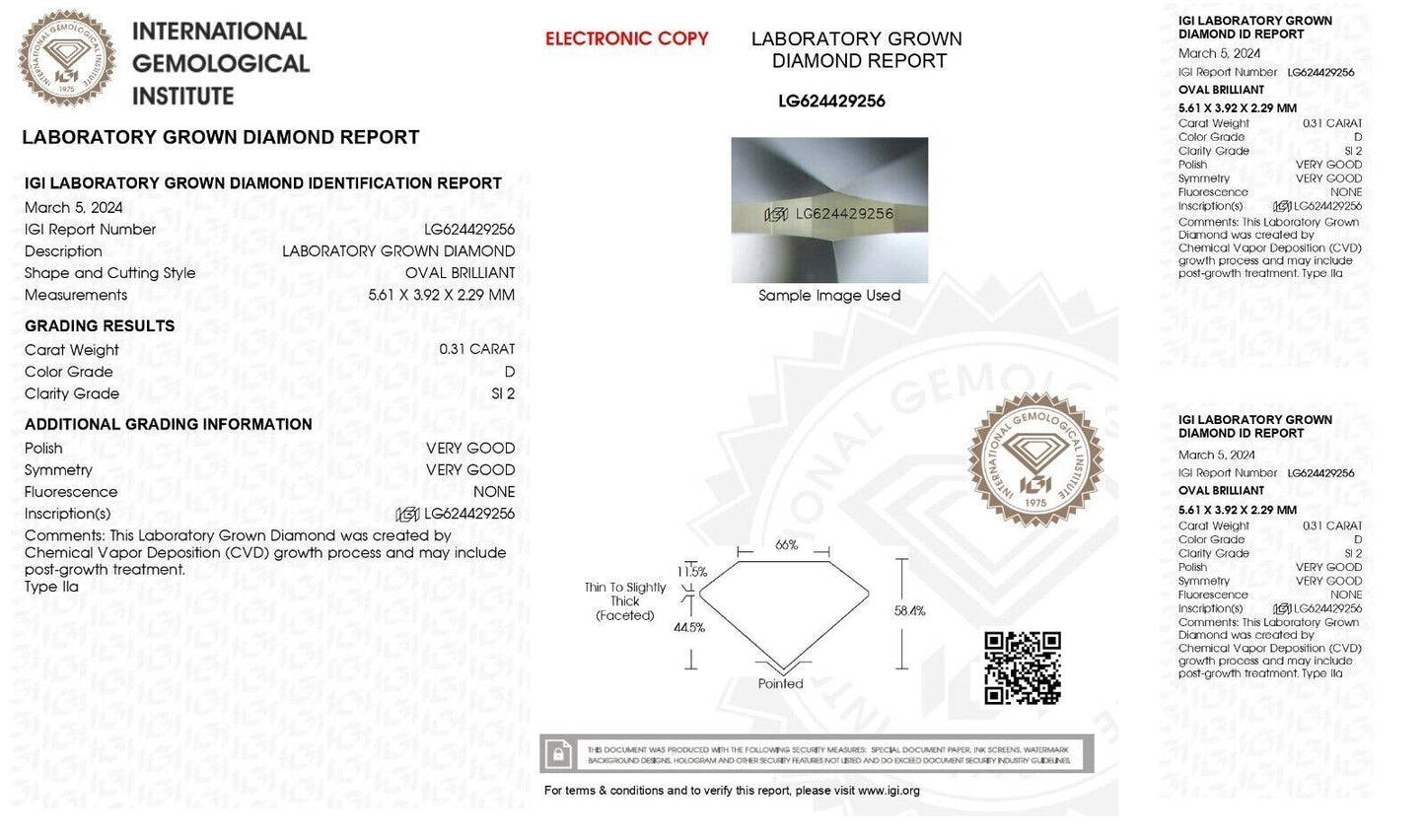 0.31 Ct OVAL Cut  IGI Certified Lab Grown CVD Diamond D Color SI2 Clarity