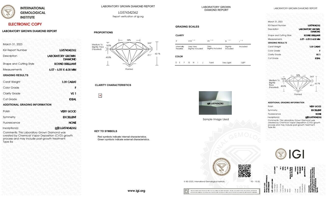 Round Excellent Cut 1.09 cts F VS1 IGI Certified CVD Lab Grown Loose Diamonds