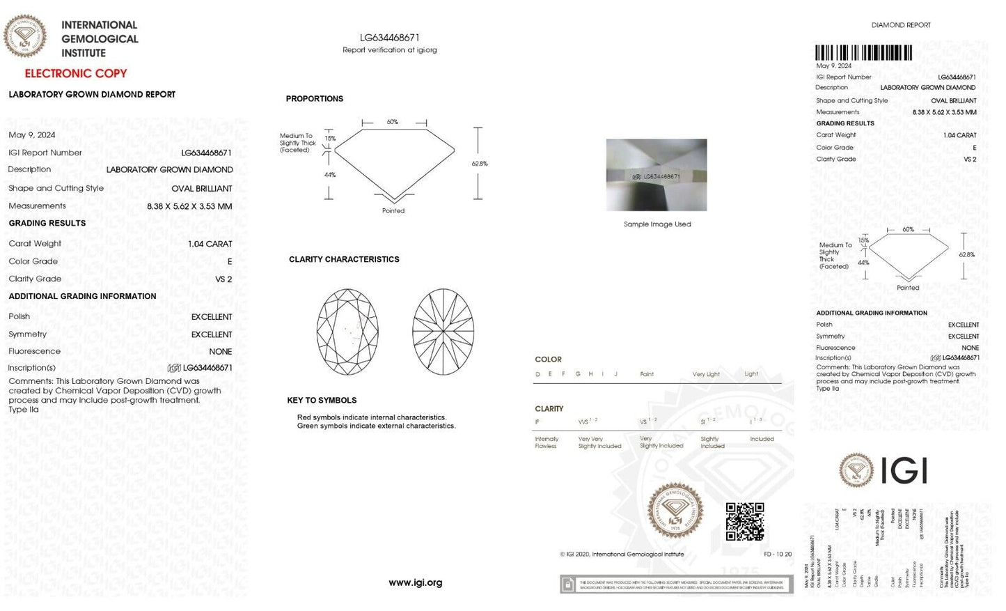 OVAL Cut Lab Grown 1.04 Cts IGI Certified CVD Diamond E Color VS2 Clarity