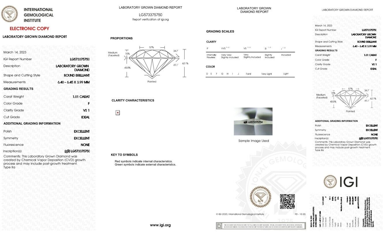 LOOSE Diamond ROUND EXCELLENT CUT 1.01 Cts F VS1 IGI Certified CVD Lab Grown