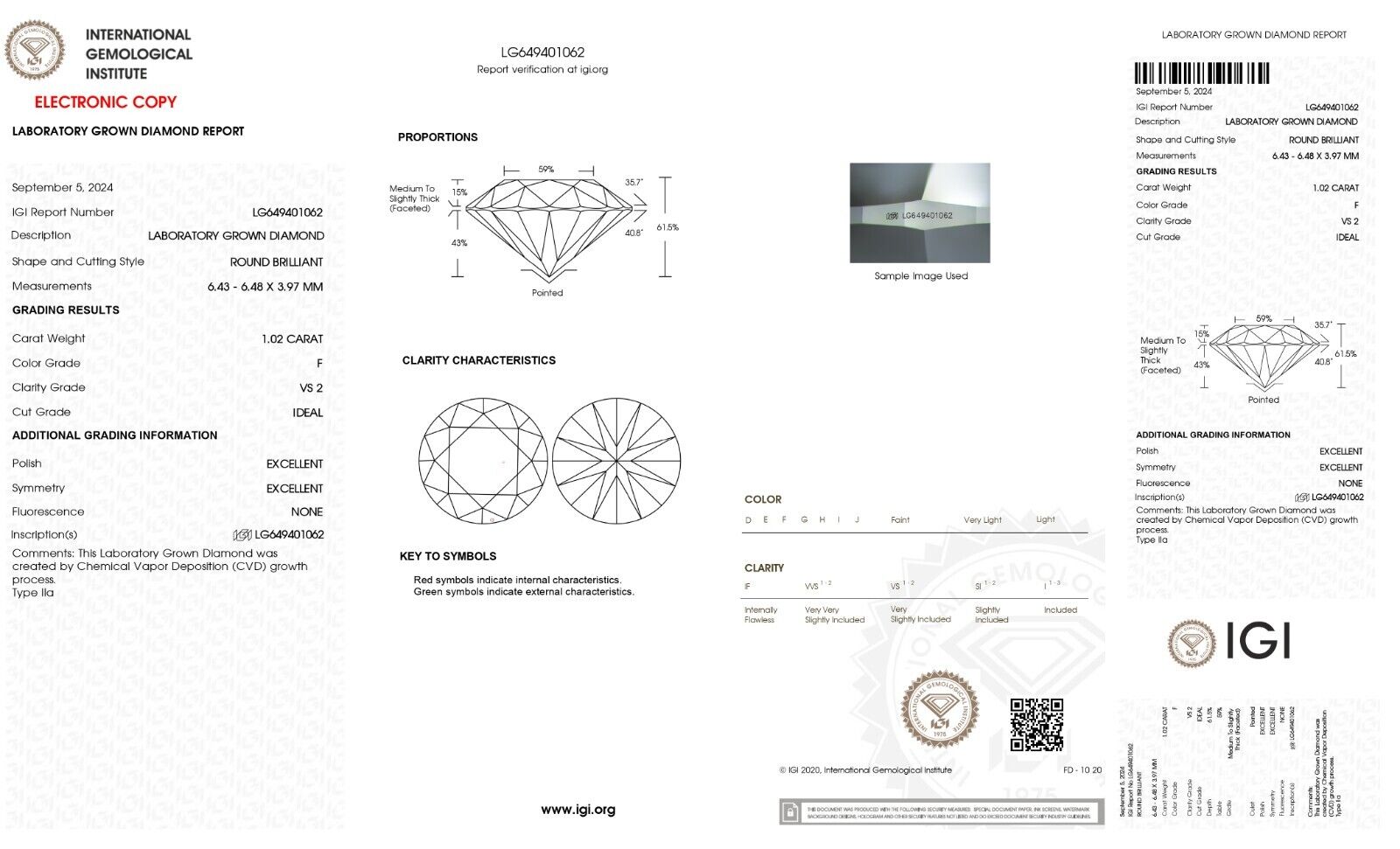 Round Cut 1.02 Cts IGI Certified Lab Grown CVD Diamond F Color VS2 Clarity