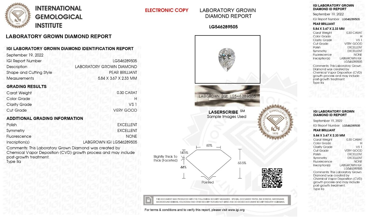 0.30 PEAR SHAPE IGI Certified Lab Grown CVD Diamond H Color VS1 Clarity