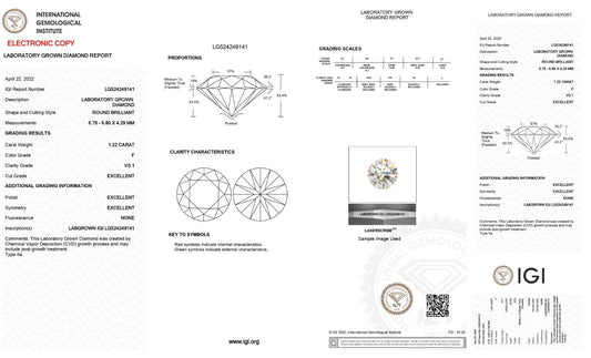 Lab Grown Diamond 1.22 Carat Round Shape VS1 F Color IGI Certified