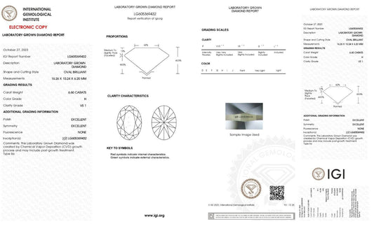 Oval Cut 6.60 Cts H Color VS1 IGI Certified Lab Grown CVD loose  Diamond