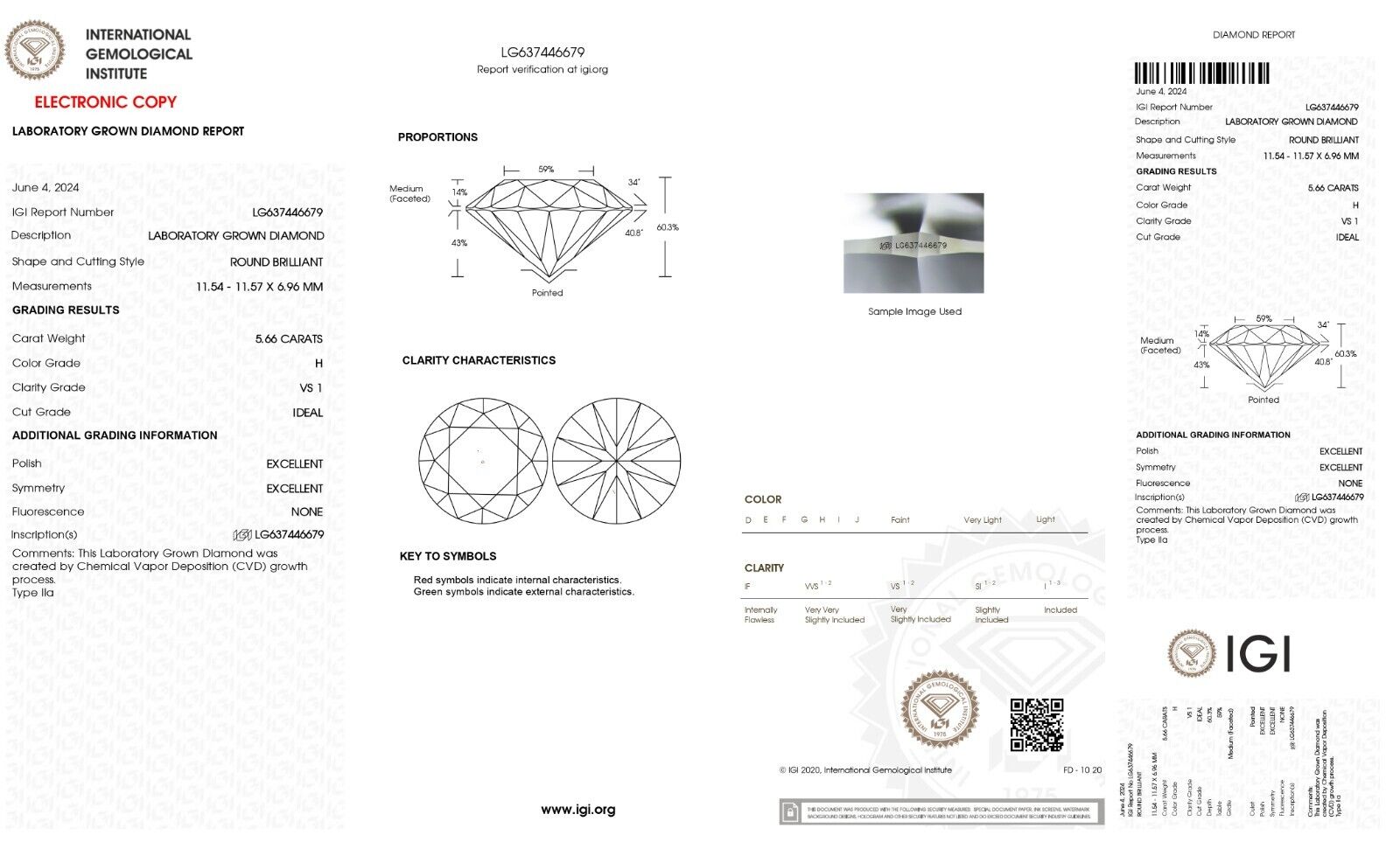 Round SHAPE 5.66 Cts IGI CERTIFIED LAB GROWN CVD Diamond H Color VS1 Clarity