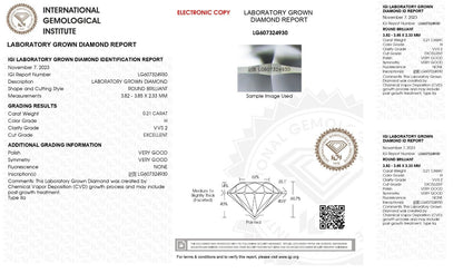 0.21 Cts Round Cut IGI Certified Lab Grown CVD Diamond H Color VVS2 Clarity