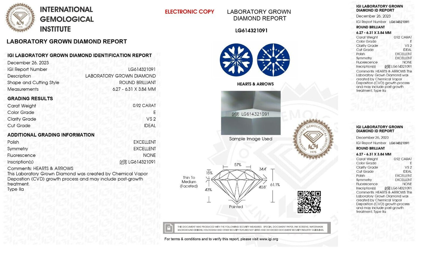 ROUND EXCELLENT CUT 0.92 CT E VS2 IGI CERTIFIED CVD LAB GROWN LOOSE DIAMOND