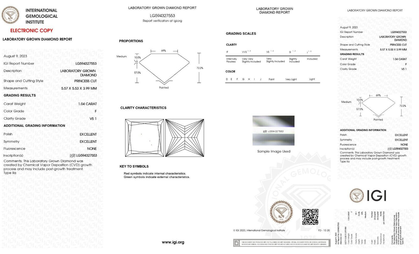 PRINCESS Cut Lab Grown 1.04 Ct IGI Certified CVD Diamond F Color VS1 Clarity