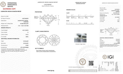 Lab Grown Diamond 3.03 CARET STONE- ROUND SHAPE  -VVS2 -G COLOUR - IGI CERTIFIED