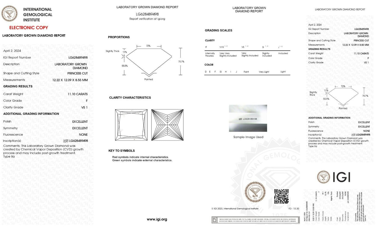 PRINCESS Cut Lab Grown 11.10 Cts IGI Certified CVD Diamond F Color VS1 Clarity