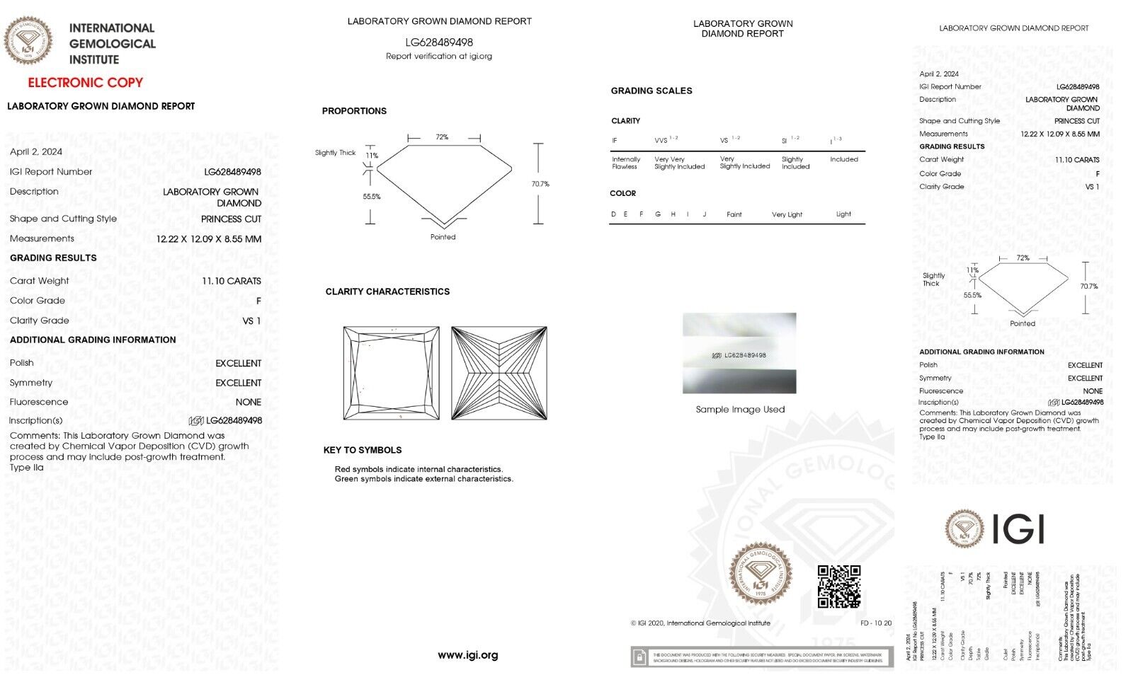PRINCESS Cut Lab Grown 11.10 Cts IGI Certified CVD Diamond F Color VS1 Clarity